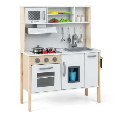 Kids Kitchen Playset Wooden Pretend Play Chef Toy W/ Microwave & Accessories