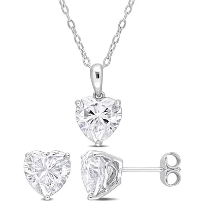 2-piece Set 6 Ct Dew Created Moissanite Heart Solitaire Pendant With Chain And Stud Earrings In Sterling Silver
