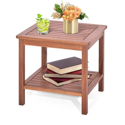 Patio Acacia Wood Side Table 2-tier Square End Table Porch Poolside Natural