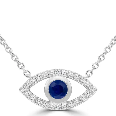 0.35 Ct Round Blue Sapphire Halo Necklace 14k White Gold