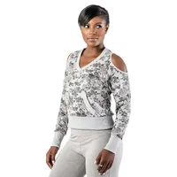 Curvy Grey Floral Printed V-neck Cut-out Sweatshirt