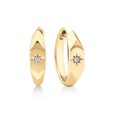 Diamond Star Accent Signet Huggie Hoop Earrings In 10kt Yellow Gold
