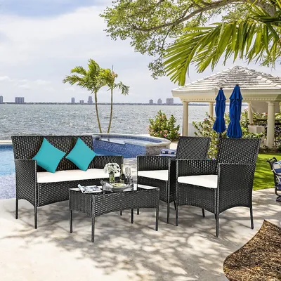 4pcs Patio Rattan Furniture Set Cushioned Sofa Coffee Table Backyard Porch