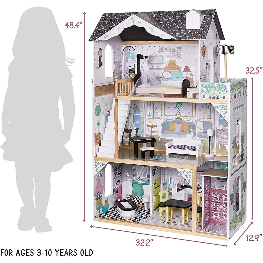 Costway Wooden Dollhouse For Kids 3-Tier Toddler Doll House W/Furniture  Gift For Age 3+