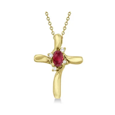 Ruby And Diamond Cross Pendant Necklace 14k Yellow Gold (0.50ct)
