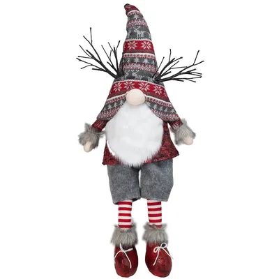 30" Gray And Red Christmas Gnome With Led Antlers And Dangling Legs