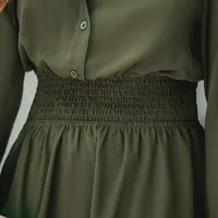 Women's Olive Green Smocked Button-front Mini Dress