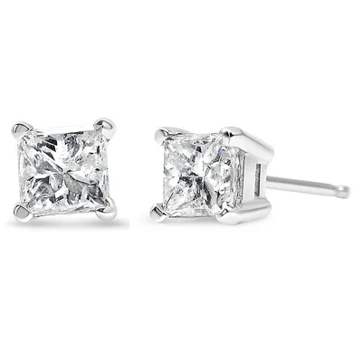 Ags Certified 14k White Gold 1.0 Cttw 4-prong Set Princess-cut Solitaire Diamond Push Back Stud Earrings For Women (e-f Color, I1-i2 Clarity)