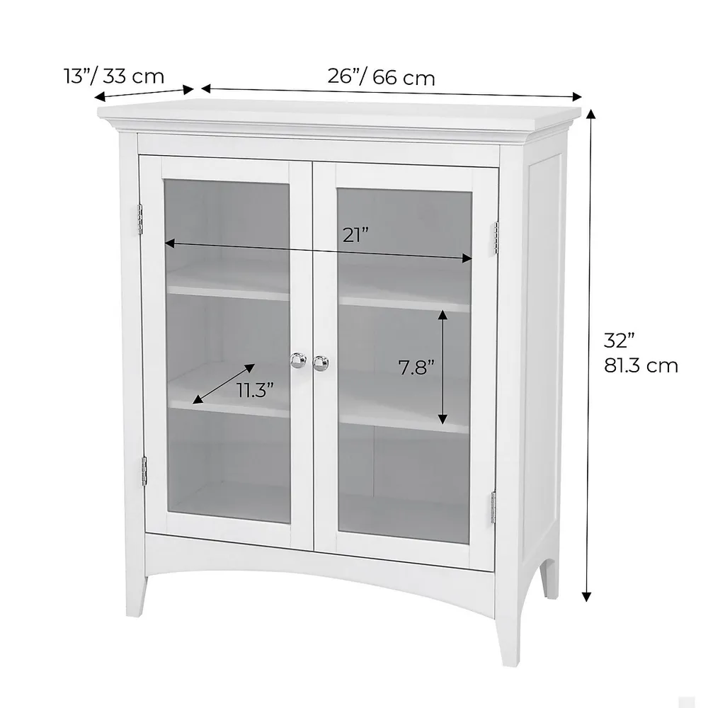 Teamson Home Bathroom Cabinet Floor Standing Storage Cupboard 2 Glass Doors White