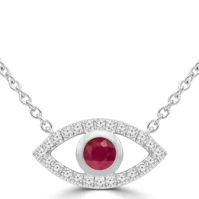 0.43 Ct Round Red Ruby Halo Necklace 14k White Gold