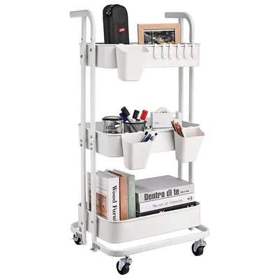 3-tier Folding Metal Rolling Utility Cart, Heavy Duty Trolley Cart Storage Shelf With 3 Hanging Cups And 6 Hooks
