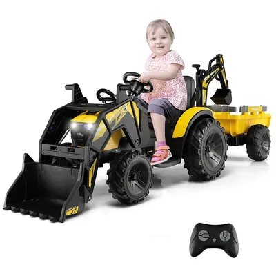3-in-1 Kids Ride On Excavator Bulldozer 12v Electric Tractor Remote W/ Trailer Yellow