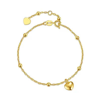 Children's 14k Yellow Gold Plated Heart Charm Station Bead Bracelet W/ Adjustable Extension Chain