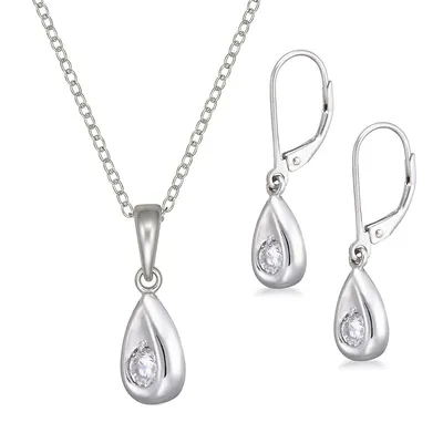 Sterling Silver Teardrop With Cz Pendant And Leverback Earrings Set