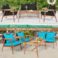 8pcs Patio Rattan Furniture Set Wooden Cushioned Sofa With Black & Turquoise Cover