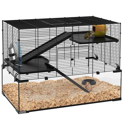 Hamster Cage, Mouse Cage With Glass Basin, Ramps, Platforms, Hut, Exercise Wheel, Black
