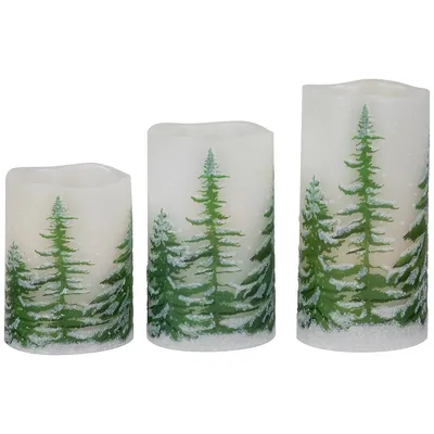 Set Of 3 Flameless Frosted Pines Flickering Led Christmas Wax Pillar Candles 6"