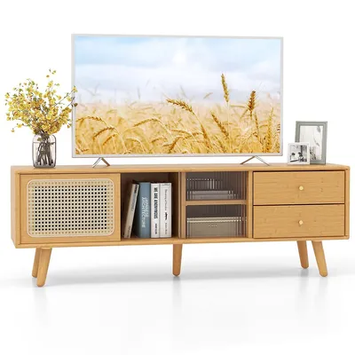 Bamboo Tv Stand Console Table With Pe Rattan Door & 2 Drawers For Tv