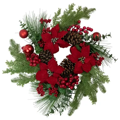 Artificial Red Berry And Poinsettia Christmas Wreath, 22-inch, Unlit