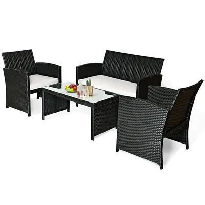 4pcs Patio Rattan Furniture Conversation Set Cushioned Sofa Table Garden Black