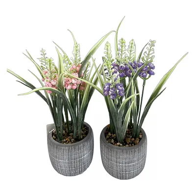 Artificial Floral In Ceramic Gray Pot Asstd - Set Of 2