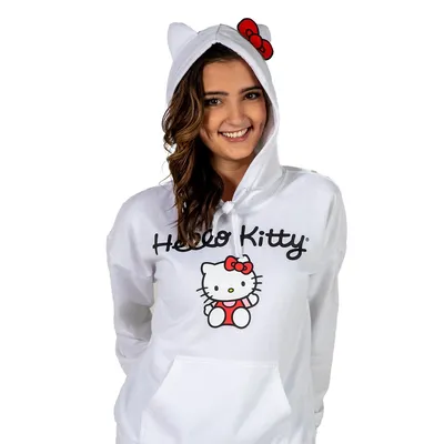 Hello Kitty Waving White Hoodie Sweater With Ears & Bow