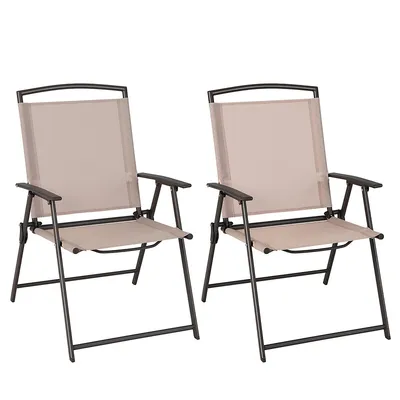 Pcs Patio Folding Sling Dining Chairs Armrests Steel Frame Outdoor Beige/grey