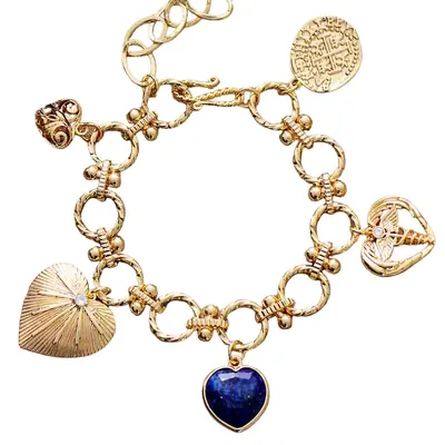 Goldtone Lapis Stone Heart Charm Bracelet