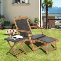 2pcs Patio Rattan Folding Lounge Chair Table Acacia Wood W/retractable Footrest