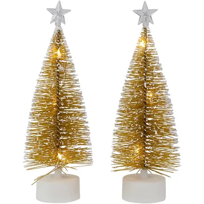 Set Of 2 Led Pre-lit Gold Mini Bottle Brush Pine Christmas Village Trees