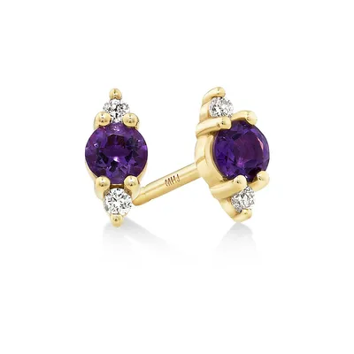 3 Stone Amethyst And Diamond Stud Earrings In 10kt Yellow Gold