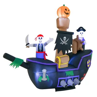 7ft Long Halloween Inflatable Pirate Ship Blow-up Skeleton Pirate Decoration With Bright Led Lights And Waterproof Blower & Water Bags