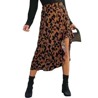 Women's Leopard Print Ruffled High Low Skirt