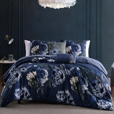 Delphine Blue 100% Cotton 5 Piece Reversible Comforter Set