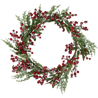Frosted Red Berries With Leaves And Pine Artificial Christmas Wreath, 18-inch, Unlit
