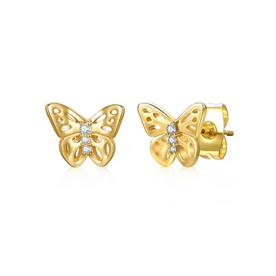 14k Yellow Gold Plated With Colored Cubic Zirconia 3-stone Filigree Butterfly Stud Earrings For Kids