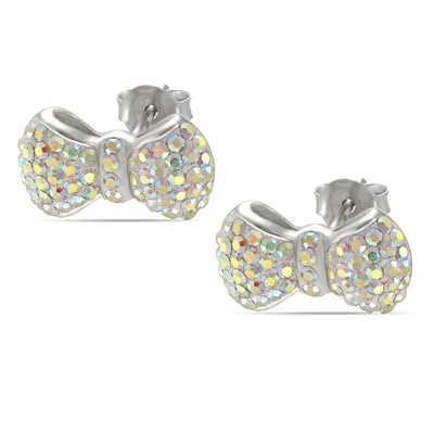 Sterling Silver "bow" In Aurore Boreale Crystal Stud Earrings