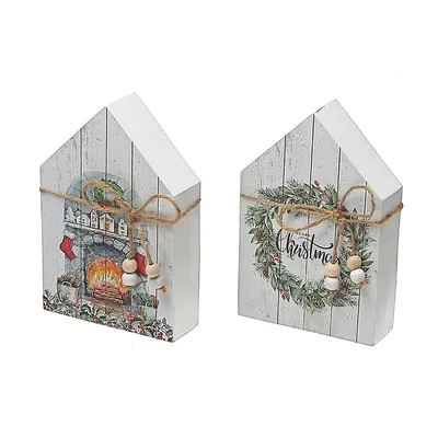 Christmas Mdf House Shape Block With Ribbon - Set Of 2