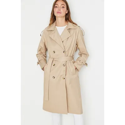 Women Regular Double-breasted Collar Woven Trench Coat