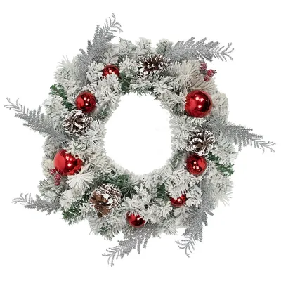 Flocked Pine With Red Ornaments Artificial Christmas Wreath, 24-inch, Unlit