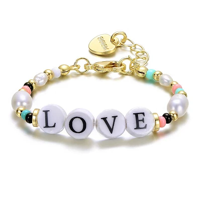 Kids 14k Gold Plated Beads Bracelet With Freshwater Pearls And Love Tag