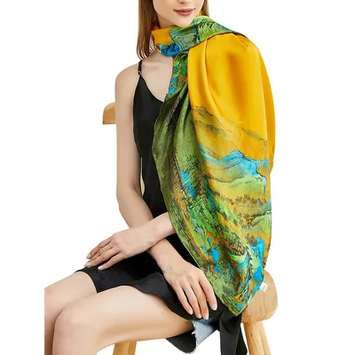 Pure Silk Scarf Painting A Panorama Of Rivers And Mountains