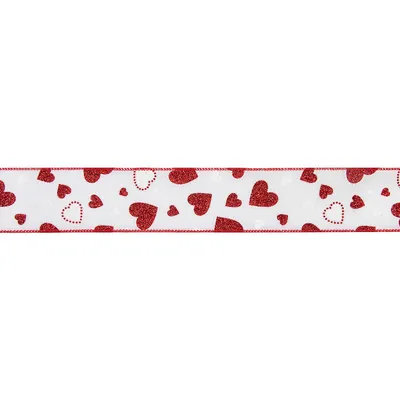 Red And White Glitter Hearts Valentine's Day Wired Craft Ribbon 2.5" X 10 Yards