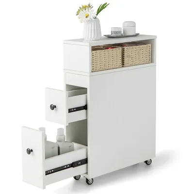 Movable Bathroom Storage Cabinet Narrow Toilet Side Paper Holder W/ 2 Drawers