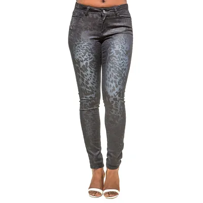 Women's Curvy Fit Blue Coated Stretch Twill Animal Print Jeans