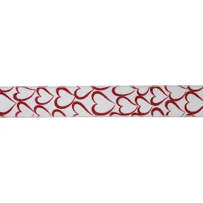 White And Red Glitter Hearts Valentine's Wired Craft Ribbon 2.5" X 10 Yards
