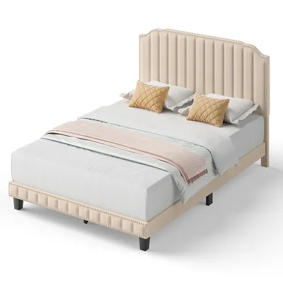 Twin/full/queen Upholstered Bed Frame With Linen Fabric Vertical Lines Rivets Headboard
