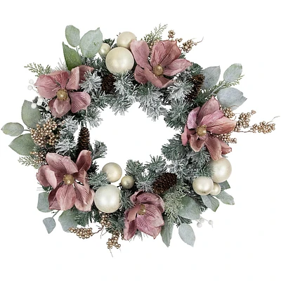 Pink Floral And Ball Ornament Frosted Pine Artificial Christmas Wreath, 24-inch, Unlit
