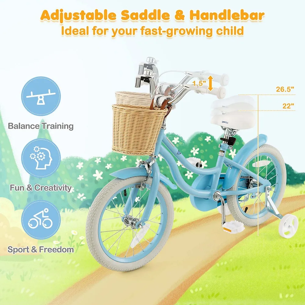 16" Kid's Bike With Training Wheels Adjustable Handlebar Seat Handbrake