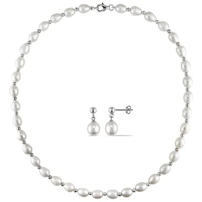 2-piece Set Freshwater Cultured Pearl And Bead Strand Necklace And Stud Earring In Sterling Silver